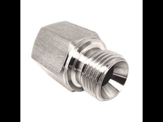 Stainless steel reducing bushing with 60° angle on one end, designed for industrial applications with hygiene focus. Buy now!