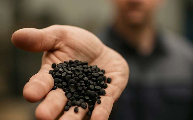 Black granules held in one hand