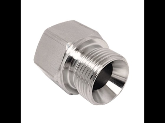 Stainless steel reducing bushing socket with 60° angle on one end, designed for industrial applications focused on hygiene. Buy from Alfotech!