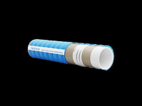 Corrugated flexible food grade hose suitable for transporting oily foods. The hose is reinforced with heat-resistant synthetic fabric for warm environments.